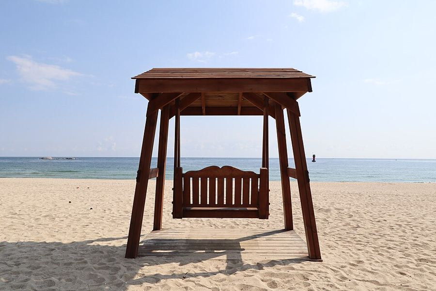 여름 햇살이 내리는 강릉 경포 해변. 상실을 겪은 사람의 마음과 대비되는 환하고 시끄러운 '바깥의 여름'을 